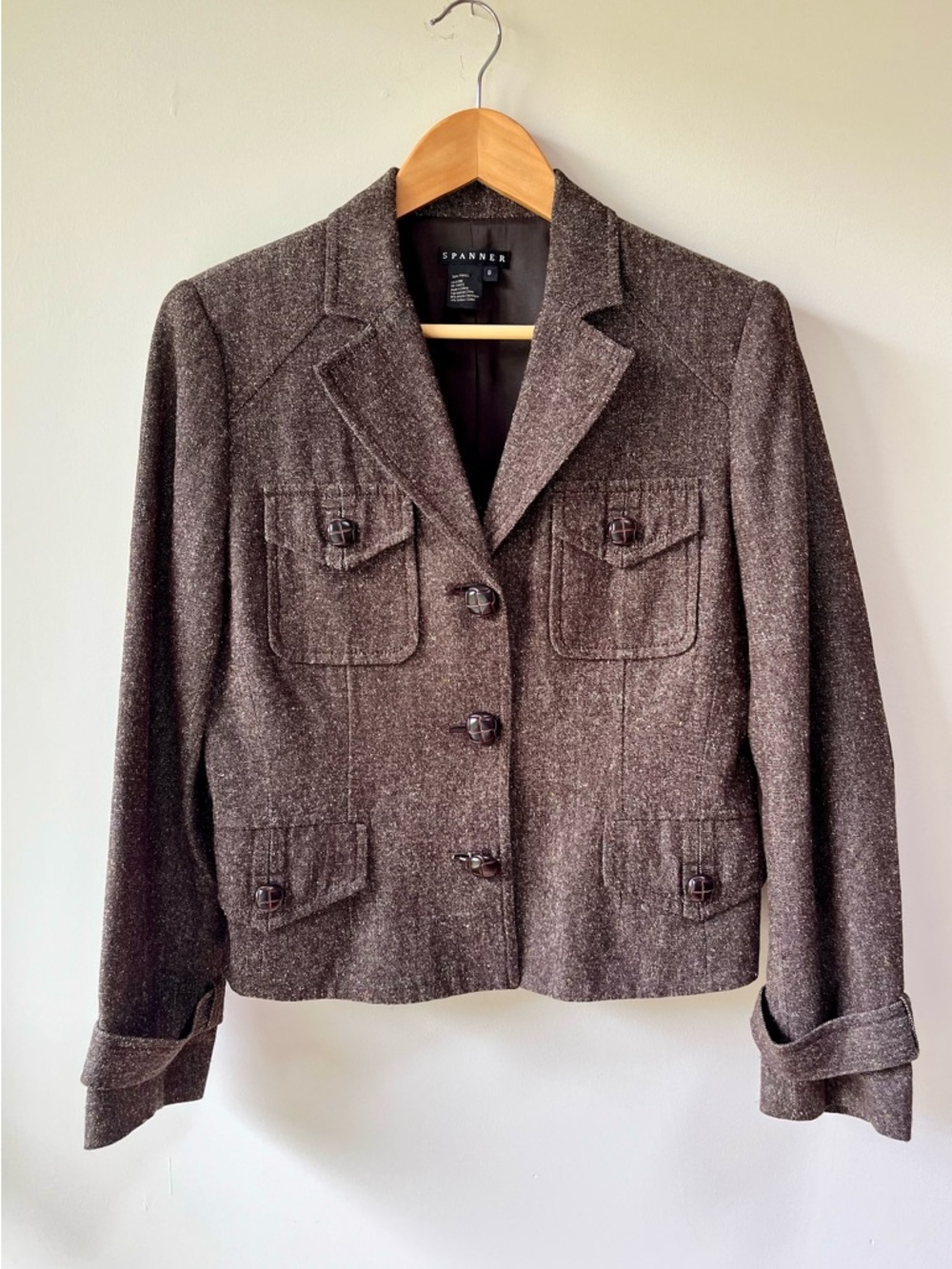 Spanner Cropped Gray/Brown Tweedy Women’s Blazer Elbow Patches - Size 8